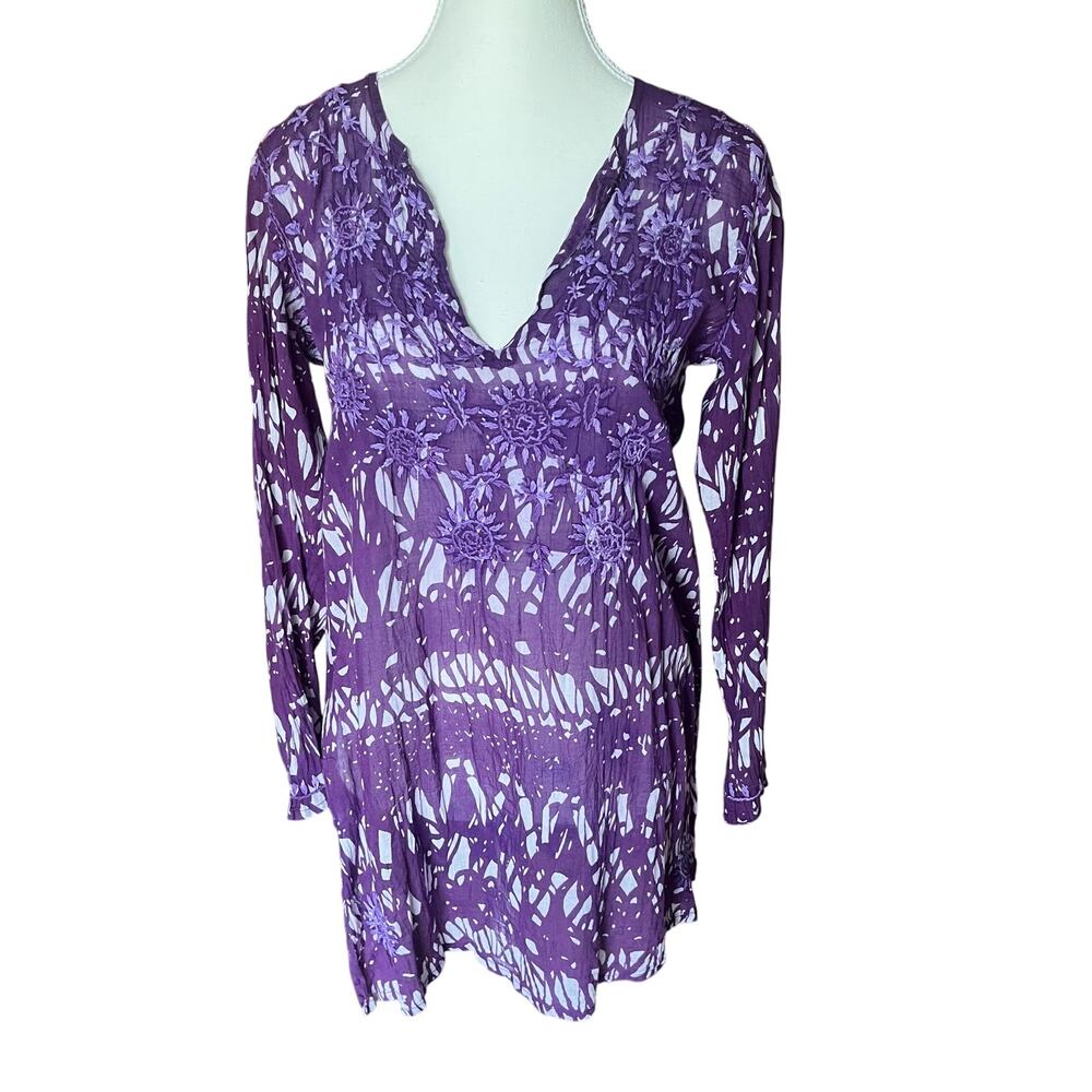 Simi Women's M Purple Cotton Top Indian Bohemian Boho Chic Casual‎ Embroidered
